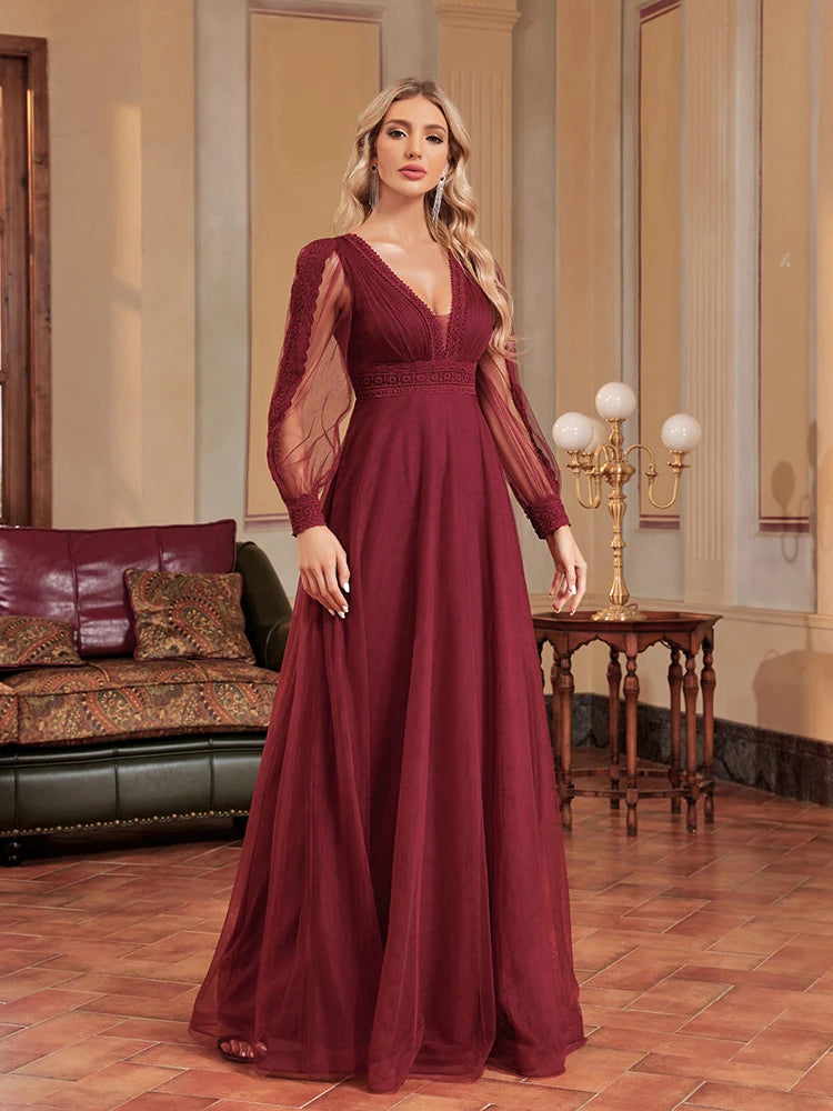 XUIBOL | Women Chiffon Long Sleeve V-Neck Maxi Floor-Length Gown 2024 Aline Bridesmaid Prom Dress