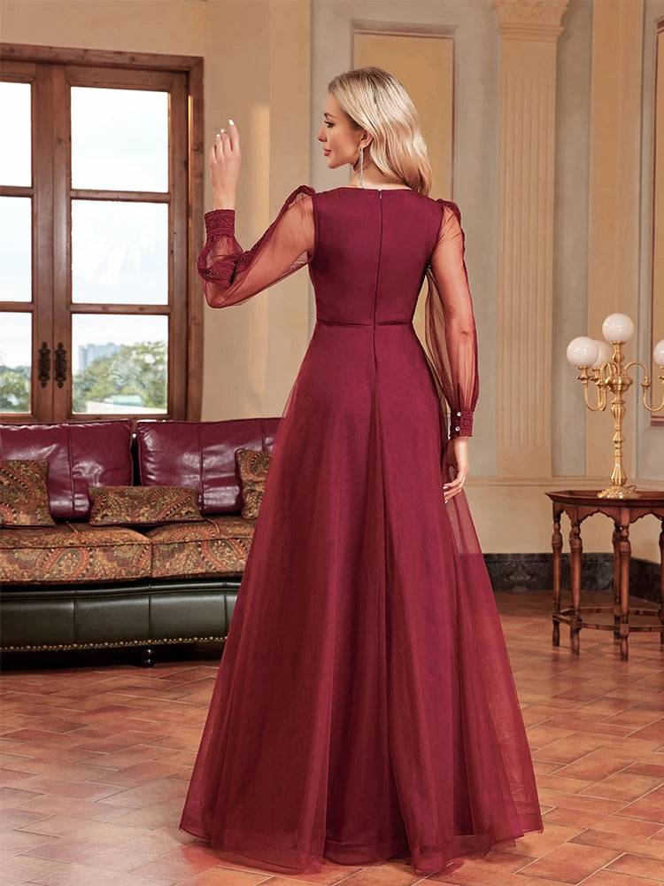 XUIBOL | Women Chiffon Long Sleeve V-Neck Maxi Floor-Length Gown 2024 Aline Bridesmaid Prom Dress