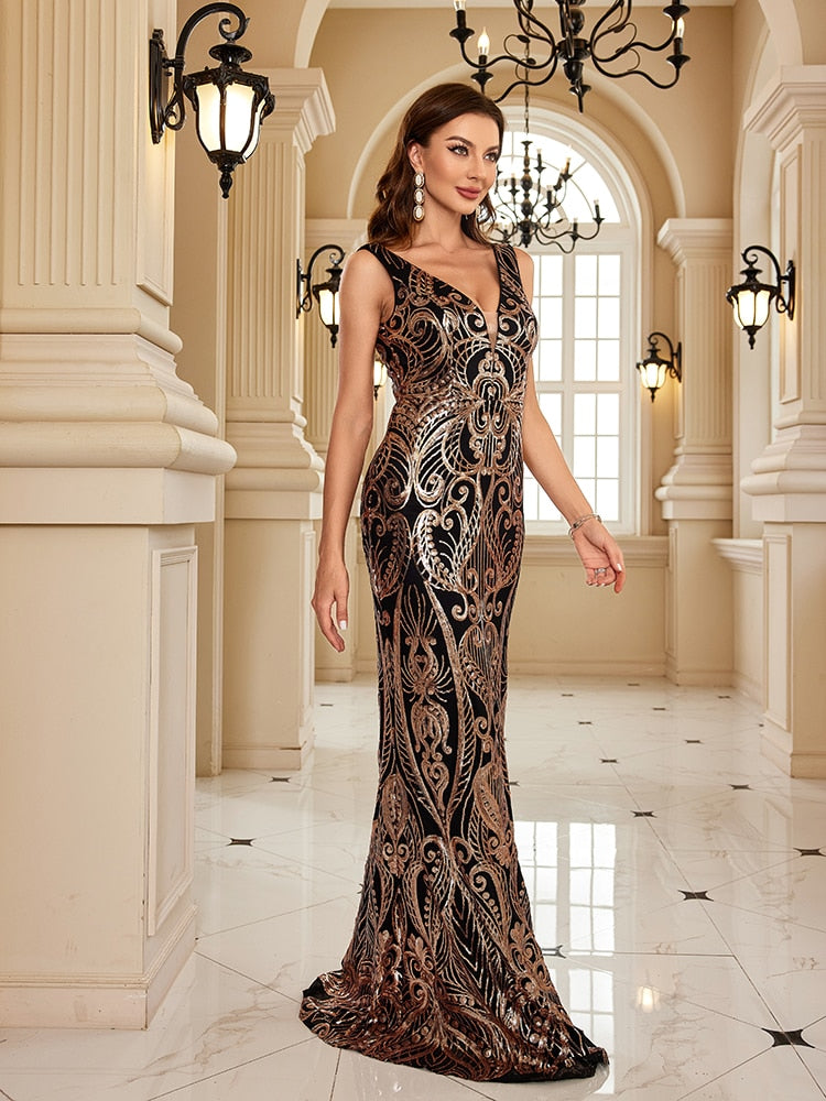 XUIBOL |  Elegant V Neck Black Sequin Evening Dress