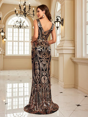 Elegant V Neck Black Sequin Evening Dress