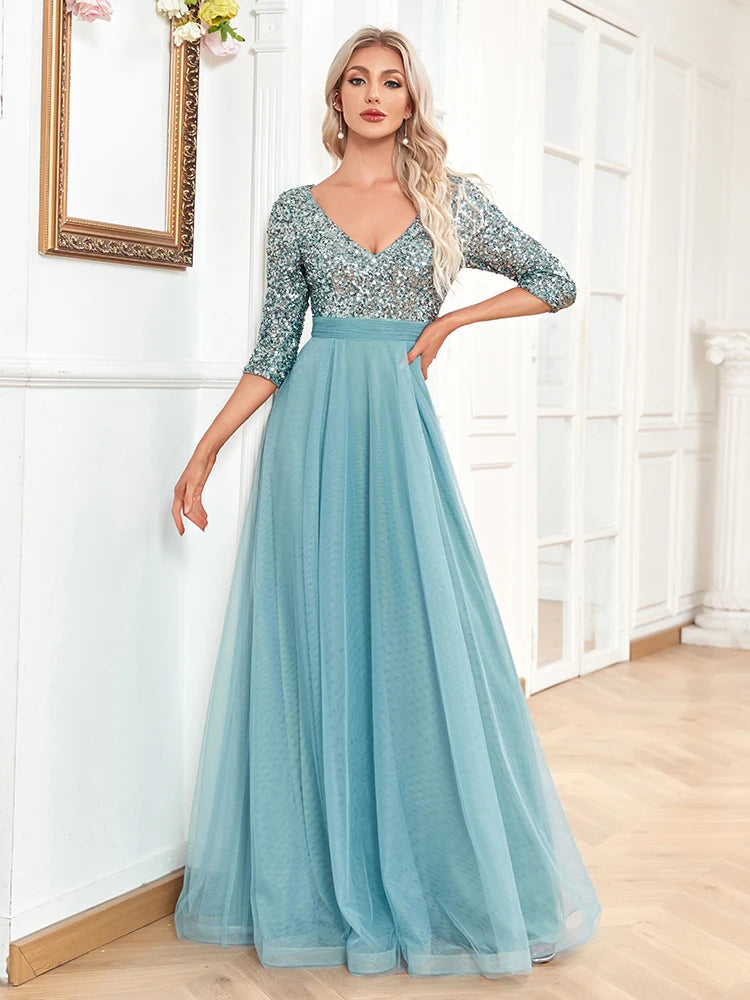 XUIBOL | Elegant V-Neck Long Sequin Blue Evening Dress 2024 Women Mermaid Formal Dress Long Sleeves Wedding Party Maxi Prom Dress