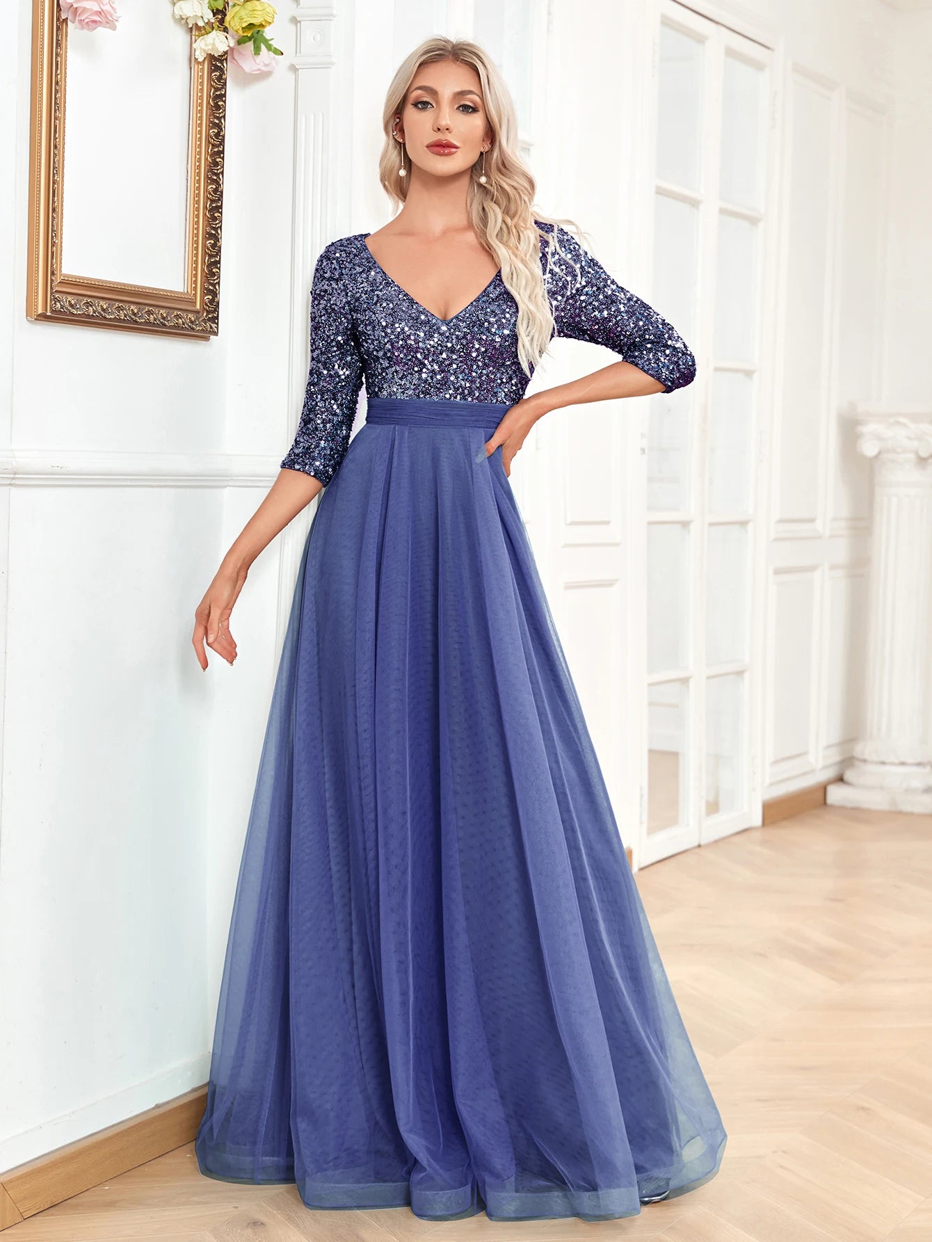 XUIBOL | Elegant V-Neck Long Sequin Blue Evening Dress 2024 Women Mermaid Formal Dress Long Sleeves Wedding Party Maxi Prom Dress