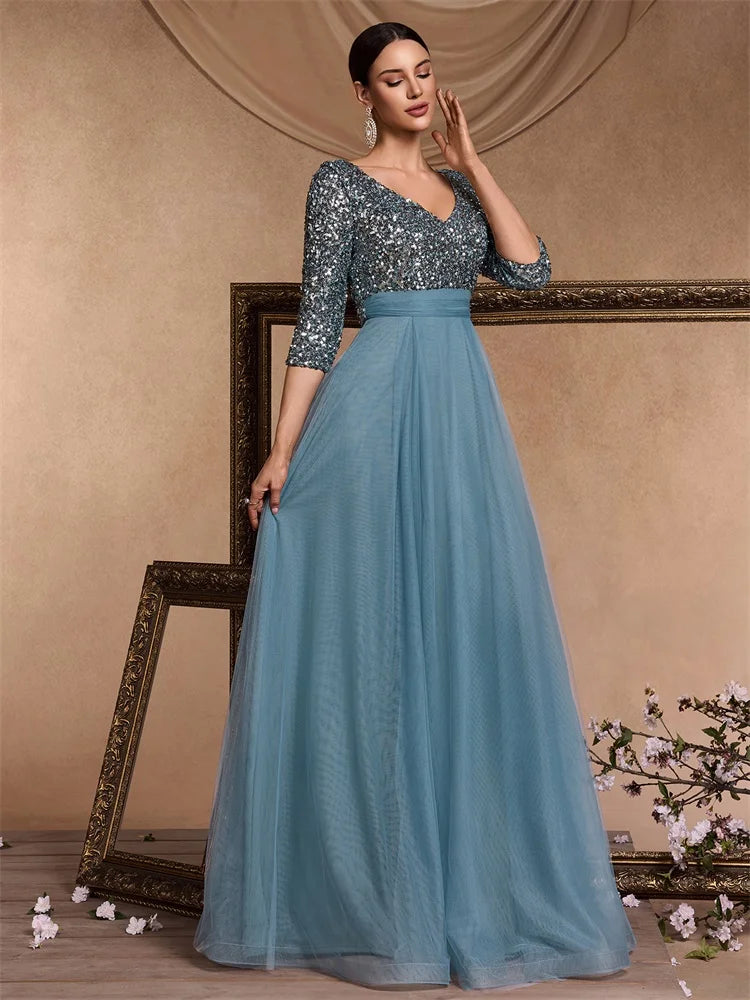 XUIBOL | Elegant V-Neck Long Sequin Blue Evening Dress 2024 Women Mermaid Formal Dress Long Sleeves Wedding Party Maxi Prom Dress