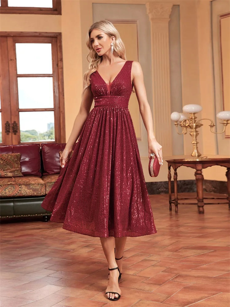 XUIBOL Elegant V Neck Sleeveless Sequins Cocktail Dress Women Luxury Red Wedding Party Evening Dress Graduation Gown Vestidos