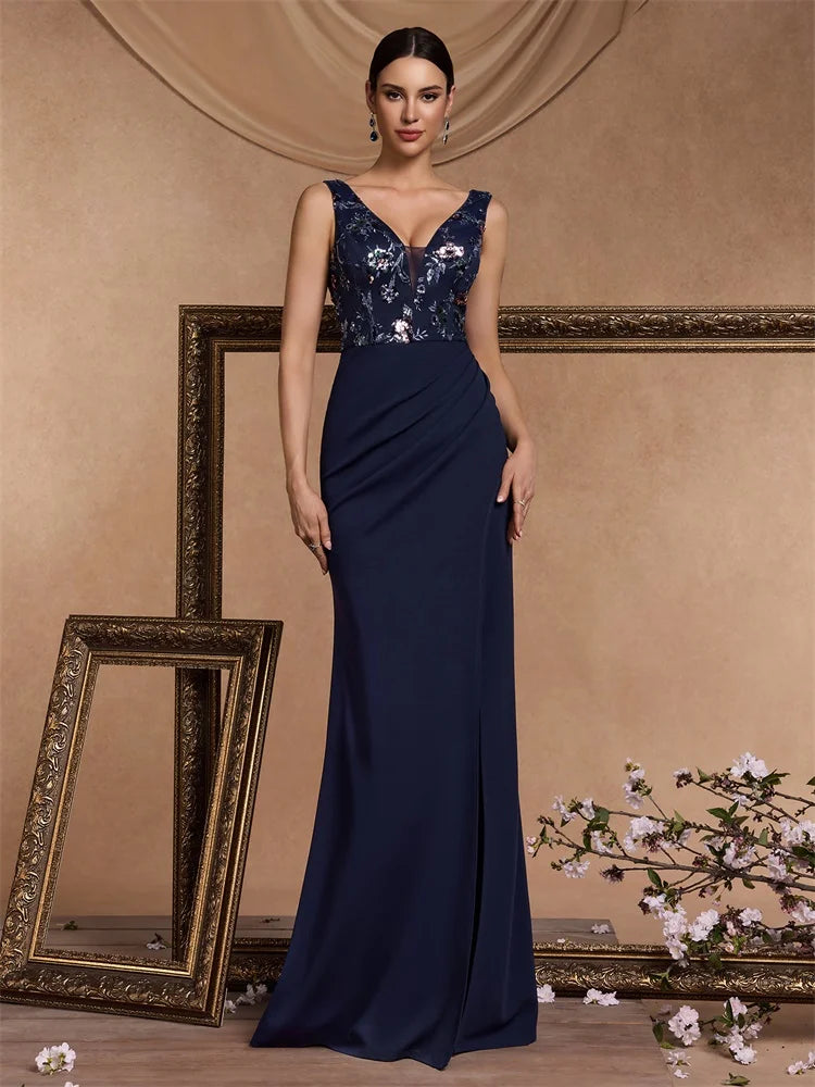 XUIBOL Elegant V-neck Split Sequin Formal Evening Dress Women Chiffon Blue Mermaid Bridesmaid Party Maxi Prom Cocktail Gown