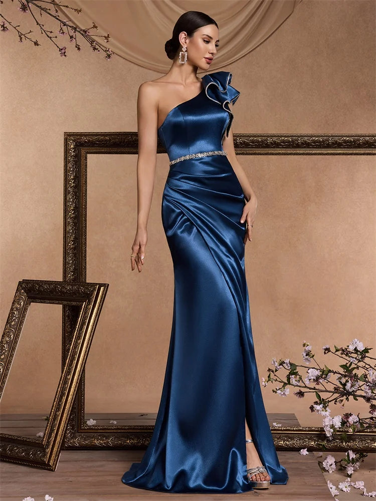 XUIBOL Luxury Blue Mermaid Prom Dresses Split Satin Sexy Evening Dress Elegant Long Formal Saudi Arabia Cocktail Party Gowns