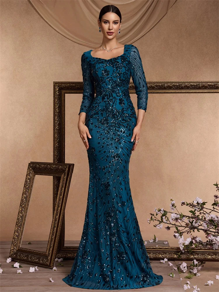 XUIBOL | Luxury Blue Sequins Evening Dress Women 2024 Mermaid Formal V-neck Prom Elegant Long sleeve Wedding Party Cocktail Gowns