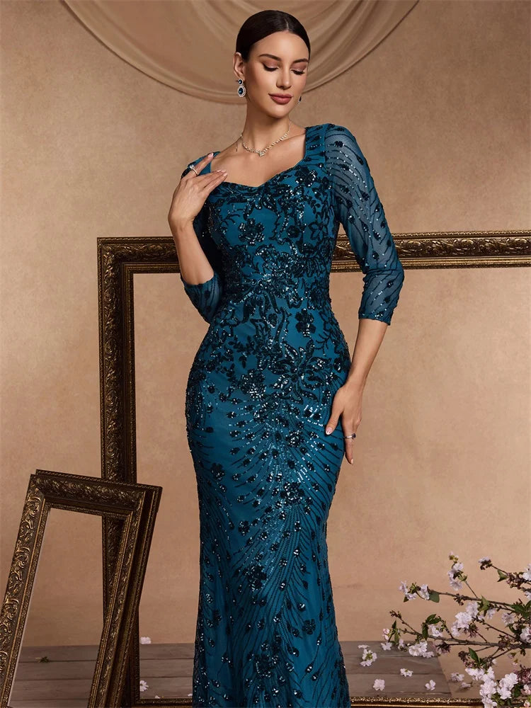 XUIBOL | Luxury Blue Sequins Evening Dress Women 2024 Mermaid Formal V-neck Prom Elegant Long sleeve Wedding Party Cocktail Gowns