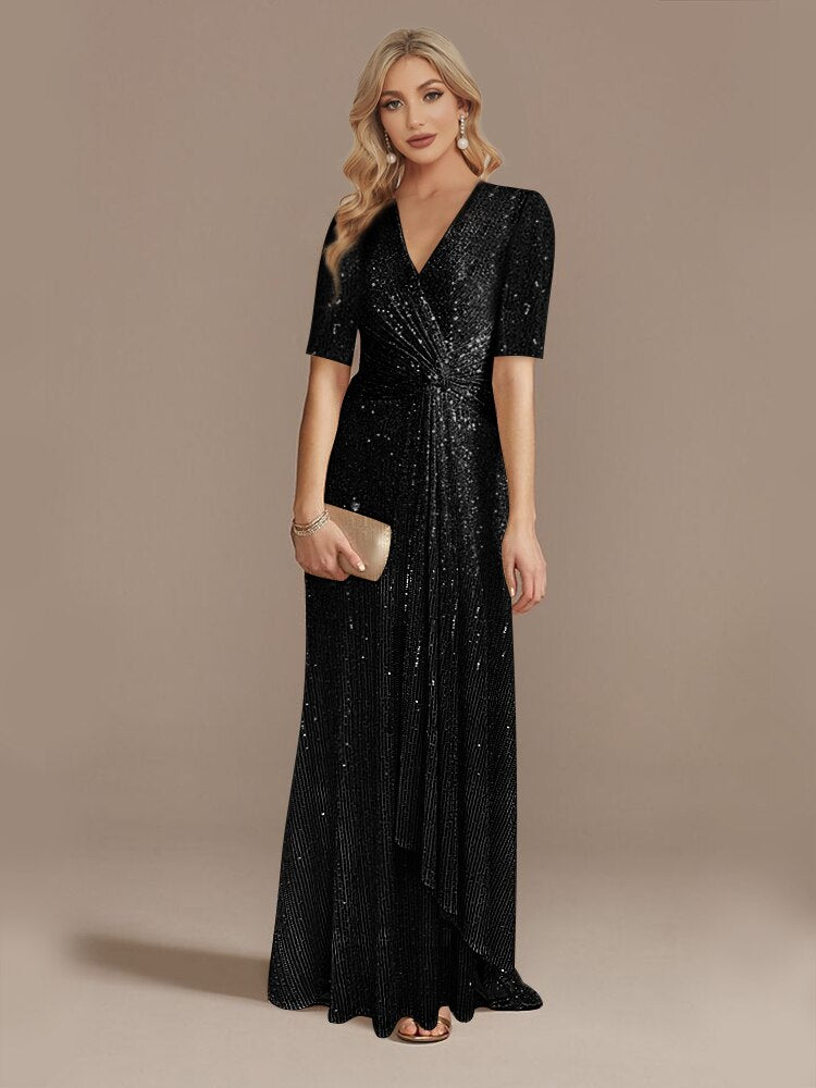 Luxury Floor Length Short Sleeves V-Neck Sequin Evening Dress | XUIBOL