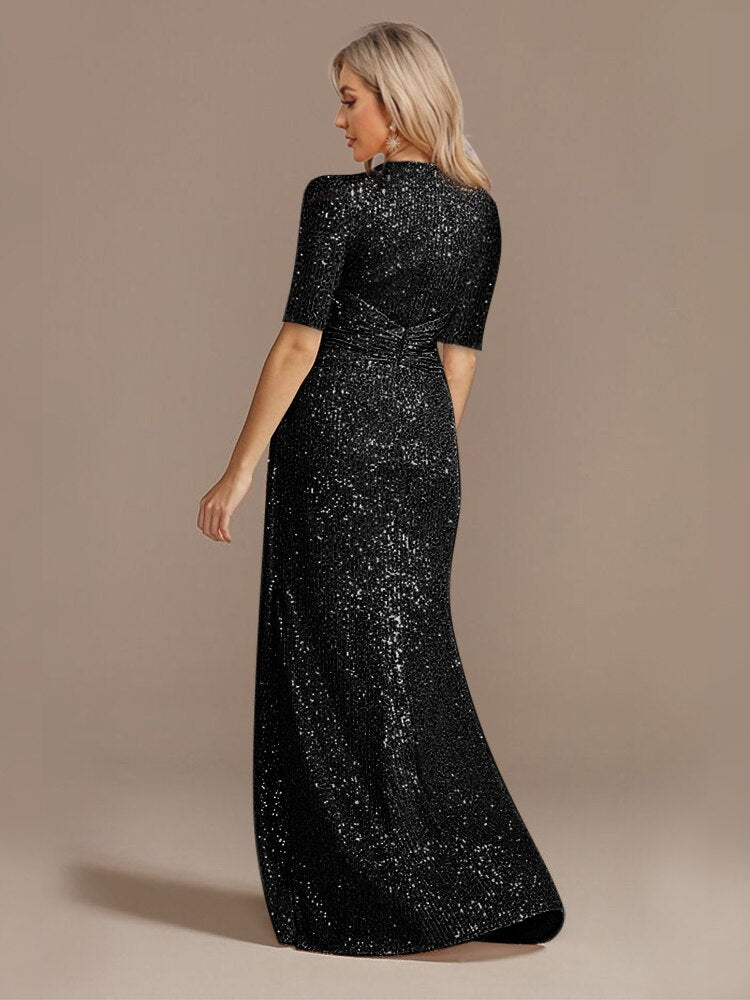 Luxury Floor Length Short Sleeves V-Neck Sequin Evening Dress | XUIBOL