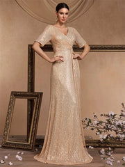 Short Sleeves V-Neck Sequin Evening Dress