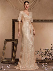 Short Sleeves V-Neck Sequin Evening Dress
