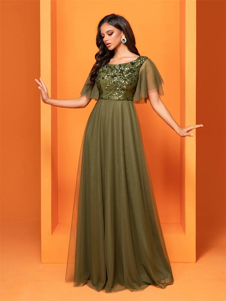 XUIBOL  Luxury Green Sequins Formal Evening Dress Women Elegant O-Neck Mermaid Prom Dress Short Sleeves Long Gowns