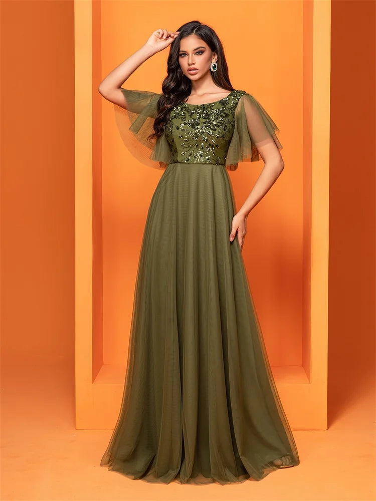 XUIBOL  Luxury Green Sequins Formal Evening Dress Women Elegant O-Neck Mermaid Prom Dress Short Sleeves Long Gowns