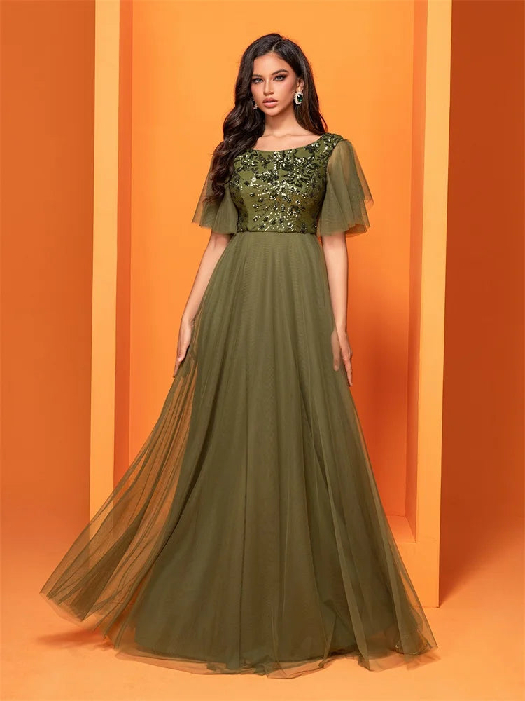 XUIBOL  Luxury Green Sequins Formal Evening Dress Women Elegant O-Neck Mermaid Prom Dress Short Sleeves Long Gowns