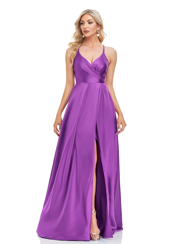 XUIBOL | 2024 Women Elegant V-neck High Slit Satin Wedding Party Prom Long Gowns