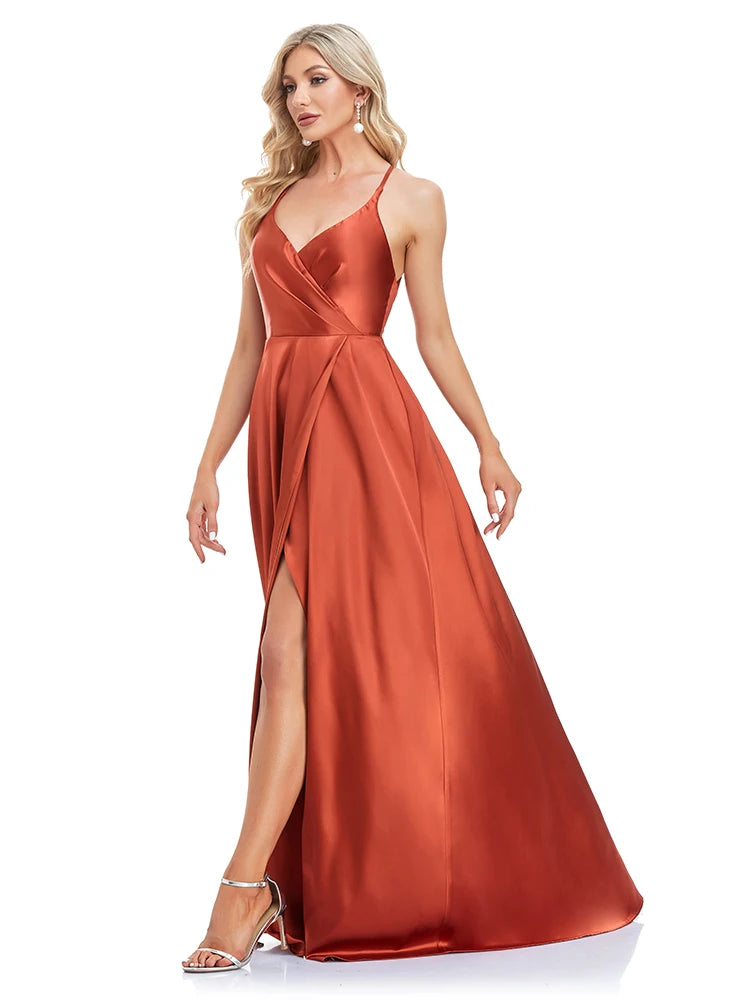 XUIBOL | 2024 Women Elegant V-neck High Slit Satin Wedding Party Prom Long Gowns