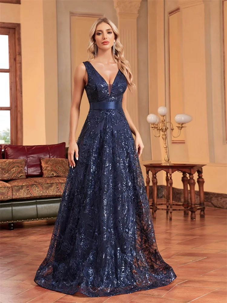 XUIBOL | Luxury Sexy Deep V-Neck Flower Sequins Blue Evening Dress Women Elegant V-back Wedding Party Long Prom Cocktail Dresses