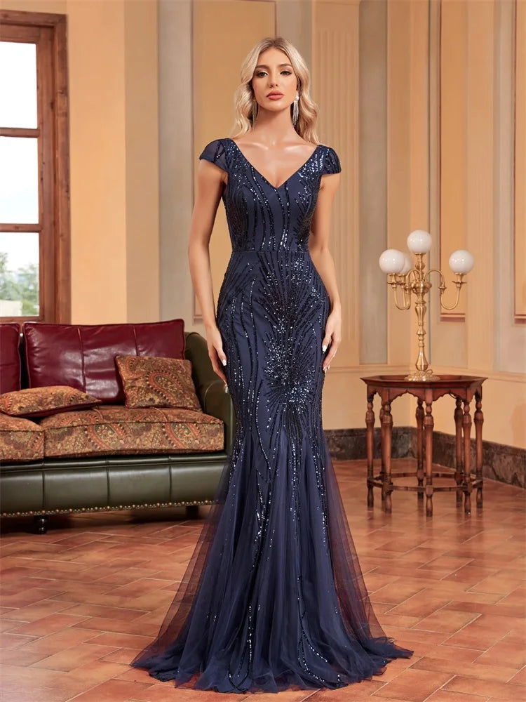 XUIBOL | Luxury Sleeveless Blue Sequin Formal Evening Dress For Women 2024 Elegant Mermaid Party Maxi Prom Arabia Cocktail Gowns