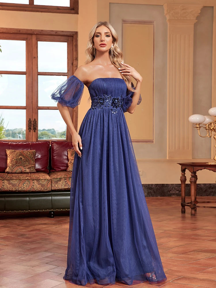 XUIBOL | Luxury Tllue Formal  Evening Dress Short Sleeve Floor-Length Gowns