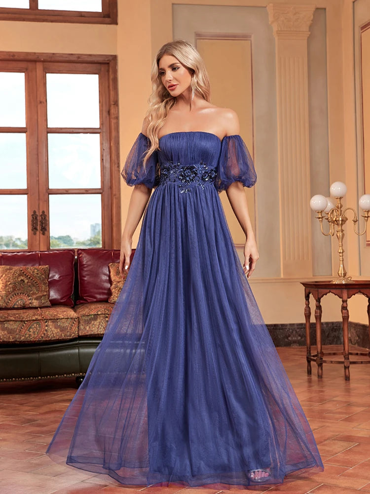 XUIBOL | Luxury Tllue Formal  Evening Dress Short Sleeve Floor-Length Gowns