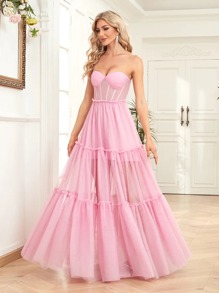 XUIBOL | Luxury Tllue Sexy Formal Evening Dress 2024 Women Wedding Party Prom Pink Bridesmaid Dress Gown Cocktail Graduation Dress