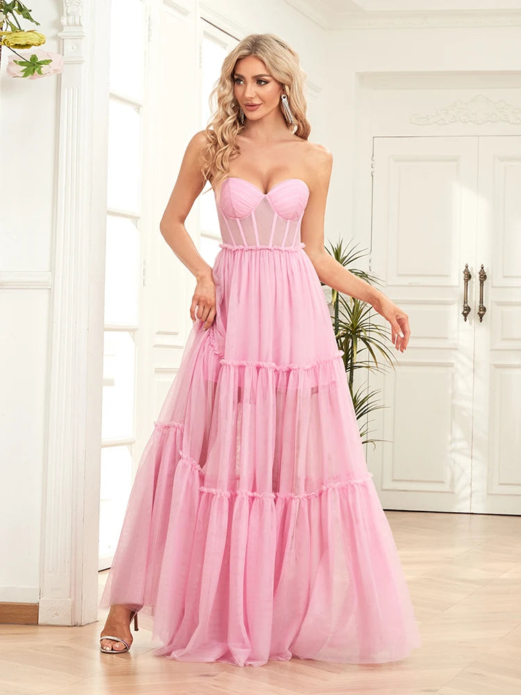 XUIBOL | Luxury Tllue Sexy Formal Evening Dress 2024 Women Wedding Party Prom Pink Bridesmaid Dress Gown Cocktail Graduation Dress