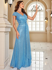 New Luxury Blue V-Neck Sequins Evening Dress