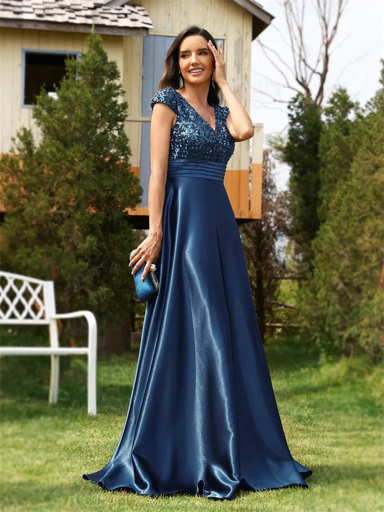 XUIBOL | 2024 Luxury Women Satin Short Sleeves Party Prom Cocktail Dress