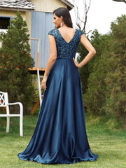 Luxury Women Satin Short Sleeves Party Prom Cocktail Dress