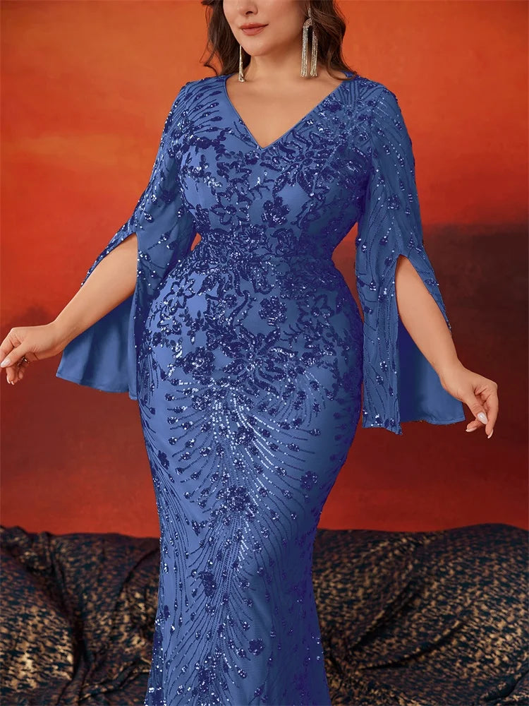 XUIBOL Plus Size Luxury Blue Evening Dresses Women 2025 Long Sleeve Mermaid Formal Sequins Prom Wedding Party Cocktail Gowns