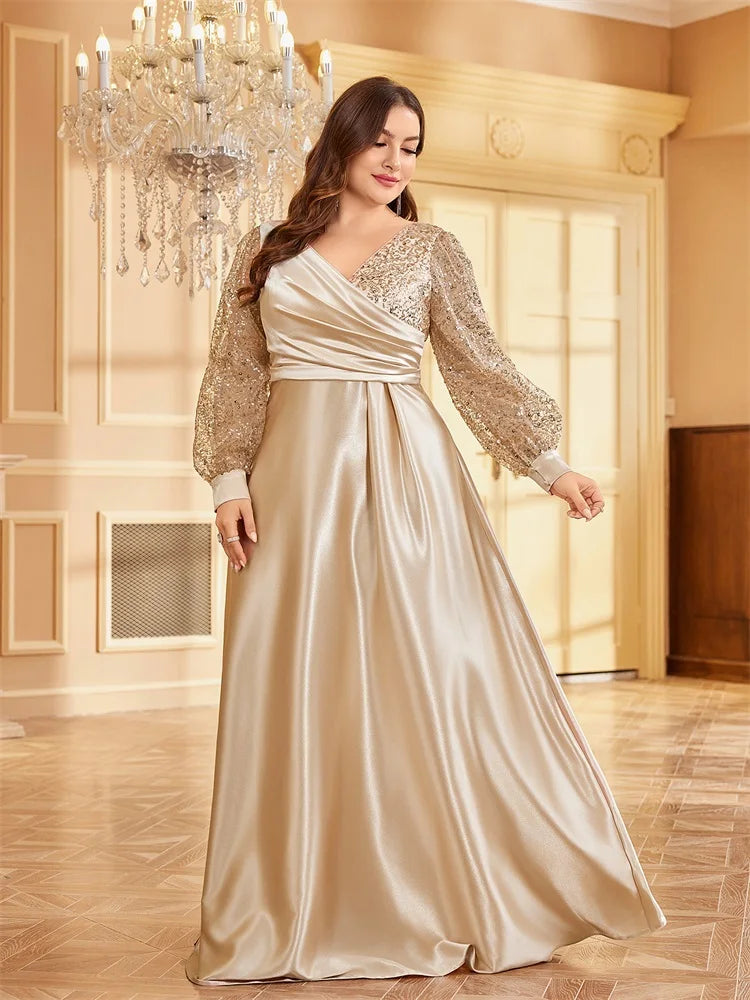 Plus Size Luxury Gold Sequin V-Neck Evening Dress | XUIBOL