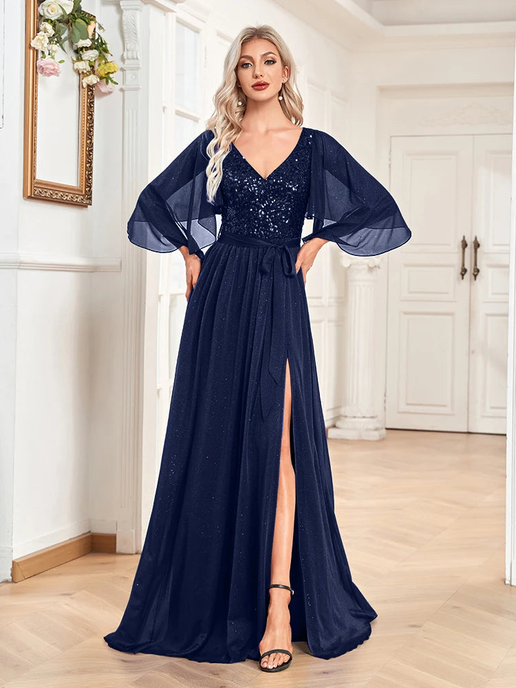 XUIBOL | Women 2024 Elegant Prom Blue Long Sleeves Wedding Party Dress Floor Lenght Gowns