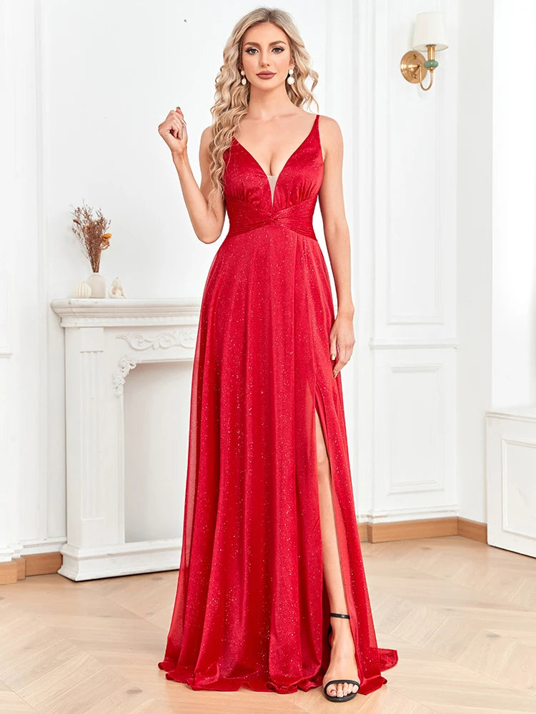 XUIBOL | Sexy Slit Long Deep V Neck Maxi Prom 2024 Wedding Party Dress Gown