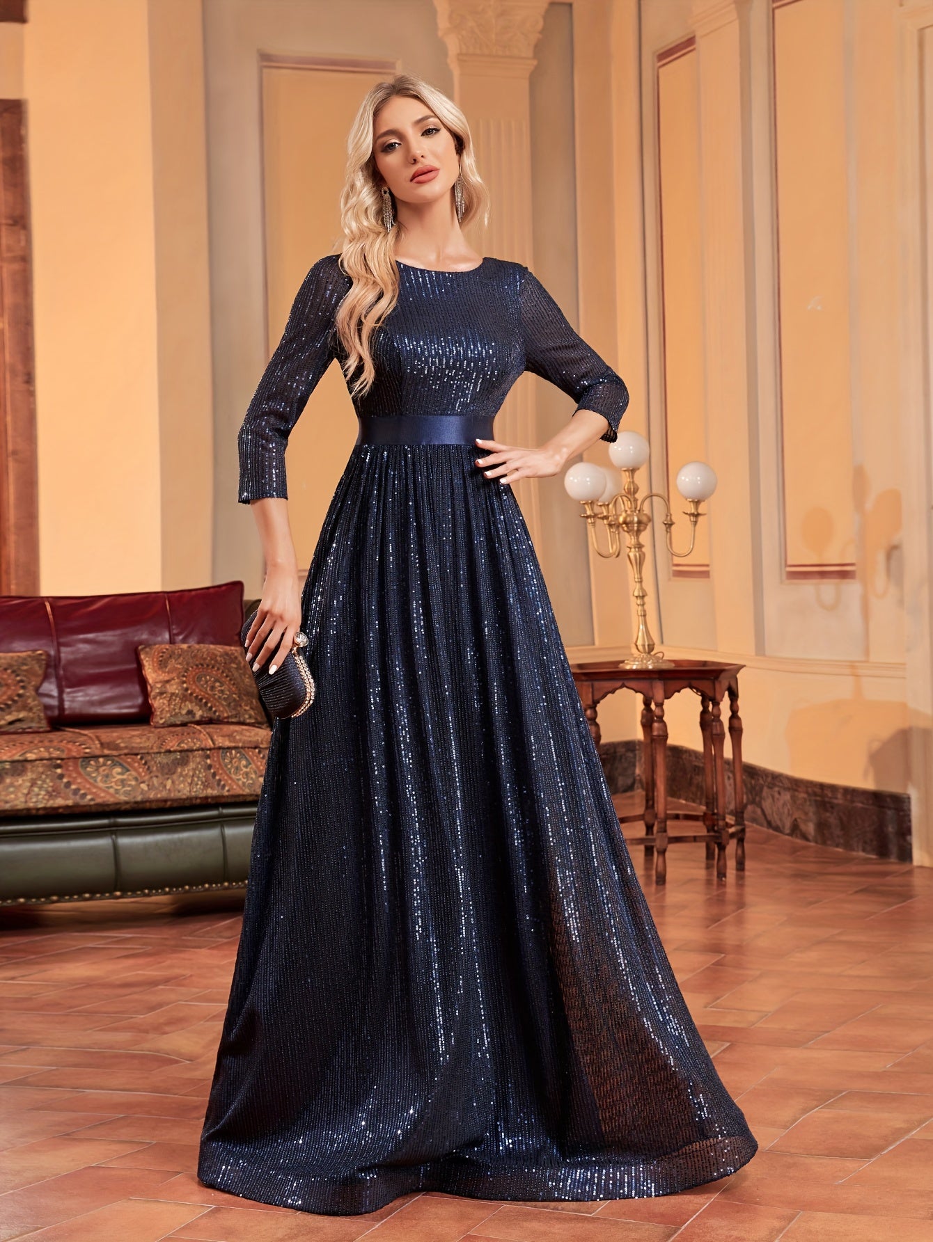Three-quarter Sleeve Sequin Dress, Elegant Crew Neck Floor Length Dress | XUIBOL