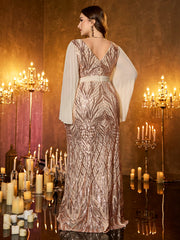 Rose‑Gold Sequin V‑Neck Contrast Chiffon Flare Long‑Sleeve Plus‑Size Mermaid Evening Gown