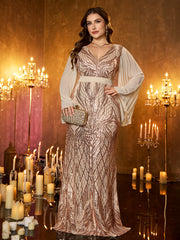 Rose‑Gold Sequin V‑Neck Contrast Chiffon Flare Long‑Sleeve Plus‑Size Mermaid Evening Gown