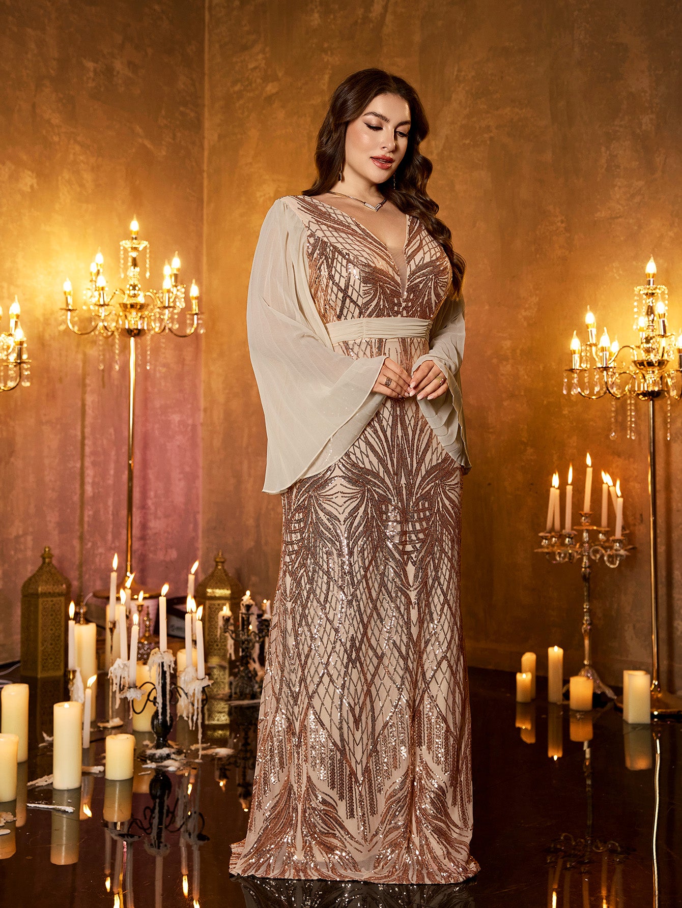 Rose‑Gold Sequin V‑Neck Contrast Chiffon Flare Long‑Sleeve Plus‑Size Mermaid Evening Gown