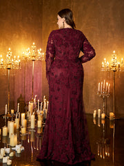 Burgundy Floral Embroidery Sequin Deep‑V Long‑Sleeve Plus‑Size Mermaid Evening Gown
