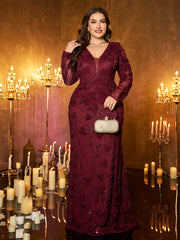 Burgundy Floral Embroidery Sequin Deep‑V Long‑Sleeve Plus‑Size Mermaid Evening Gown