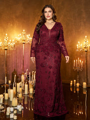 Burgundy Floral Embroidery Sequin Deep‑V Long‑Sleeve Plus‑Size Mermaid Evening Gown