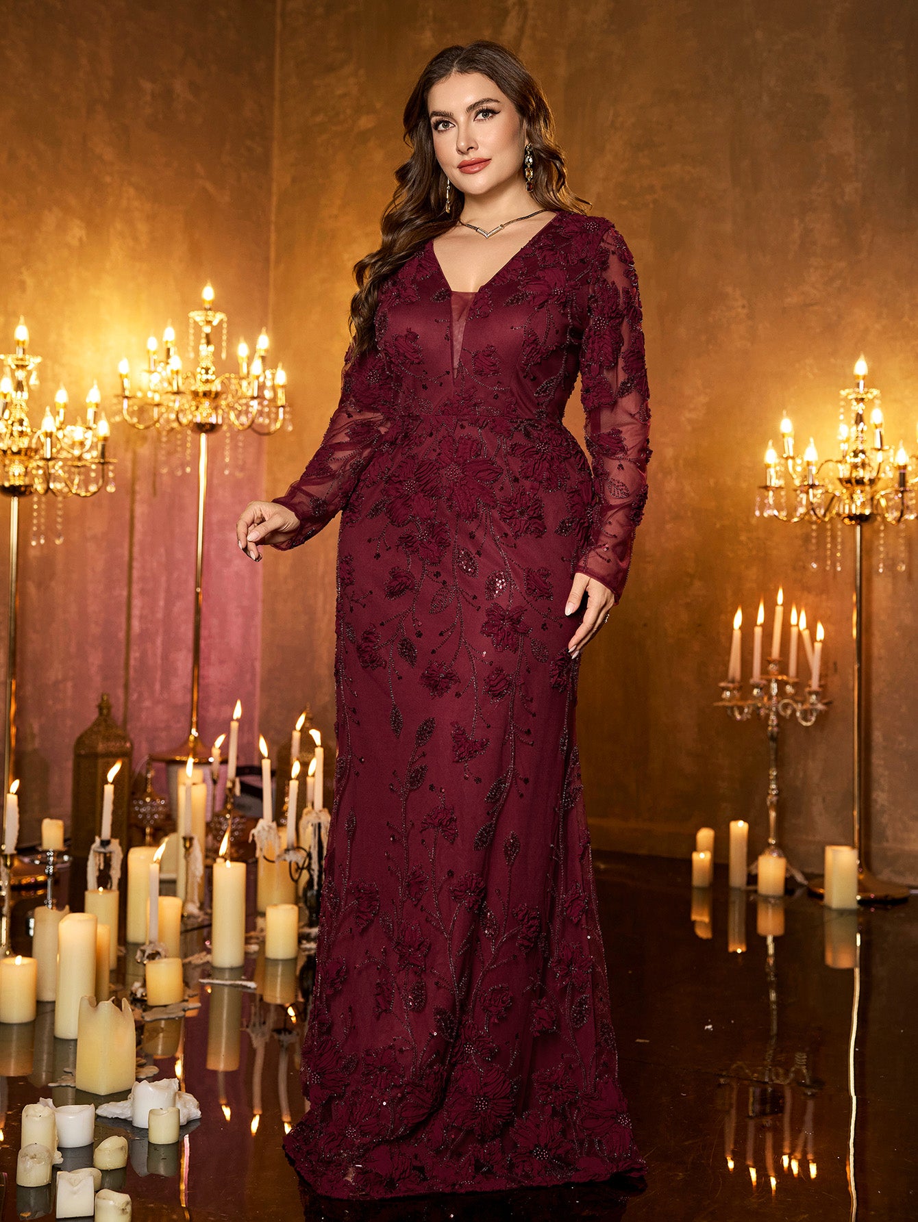 Burgundy Floral Embroidery Sequin Deep‑V Long‑Sleeve Plus‑Size Mermaid Evening Gown