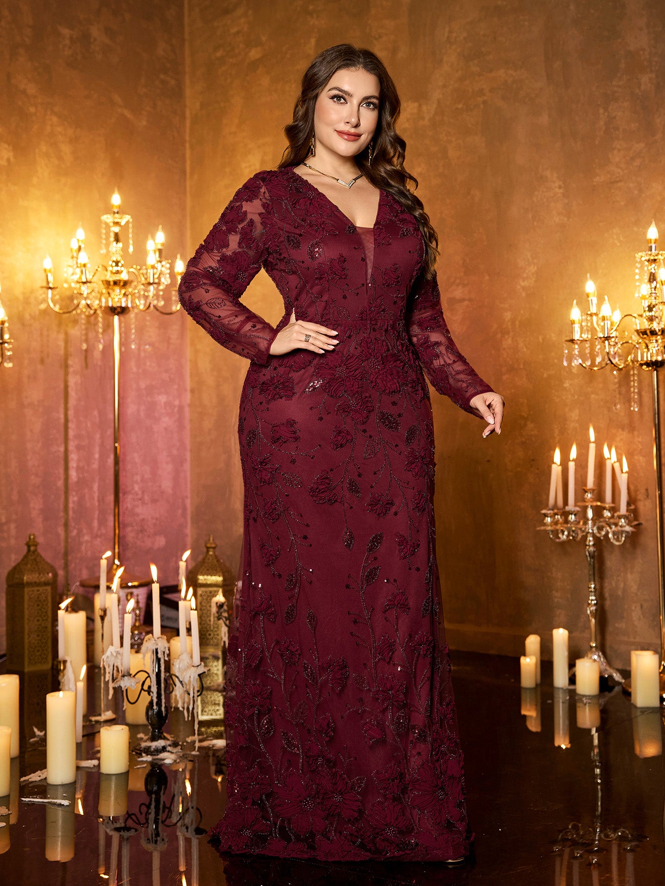 Burgundy Floral Embroidery Sequin Deep‑V Long‑Sleeve Plus‑Size Mermaid Evening Gown
