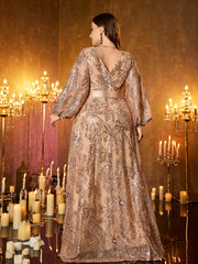 Champagne‑Gold Floral Sequin V‑Neck Lantern Long‑Sleeve Plus‑Size A‑Line Evening Gown