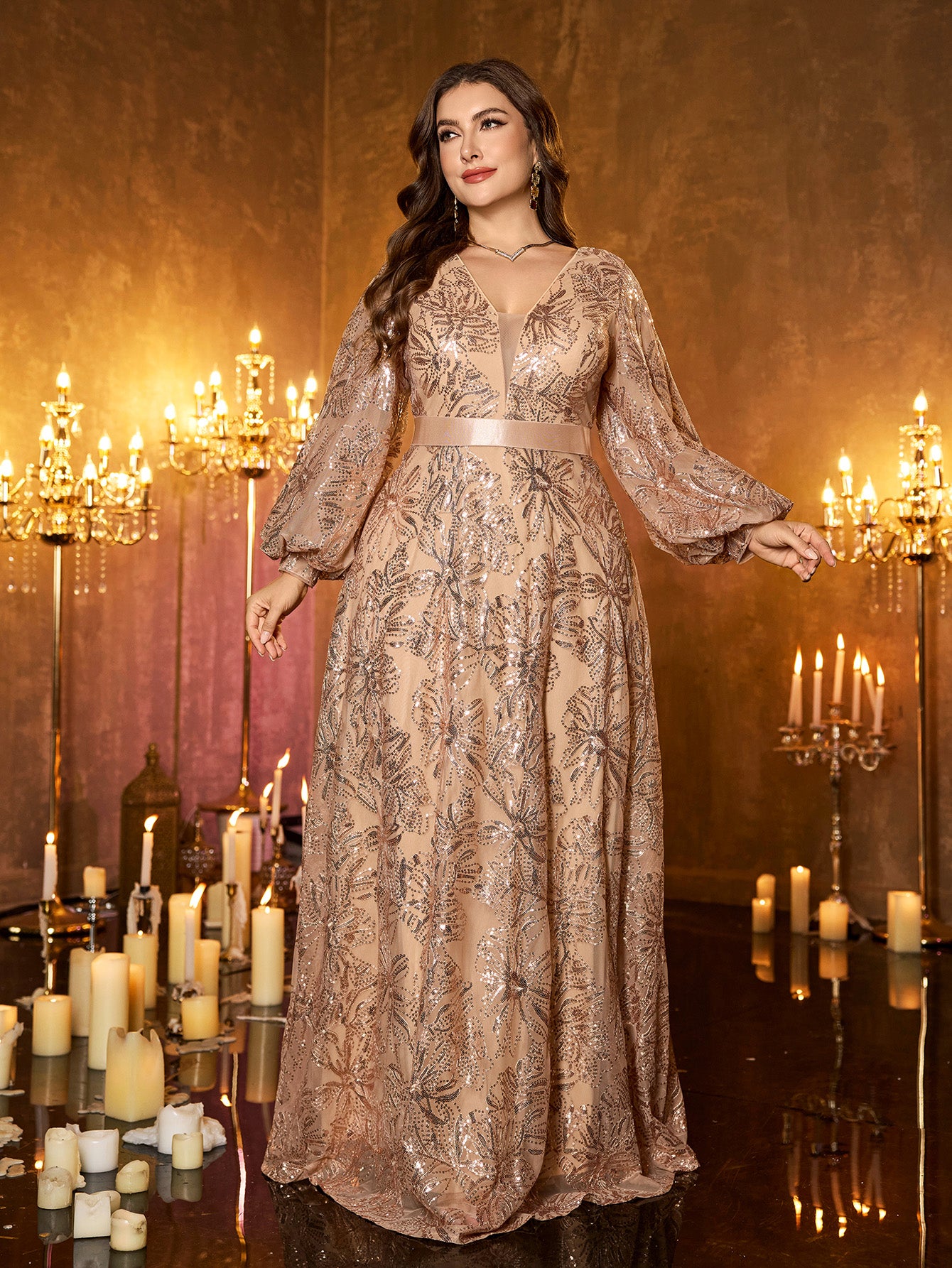 Champagne‑Gold Floral Sequin V‑Neck Lantern Long‑Sleeve Plus‑Size A‑Line Evening Gown