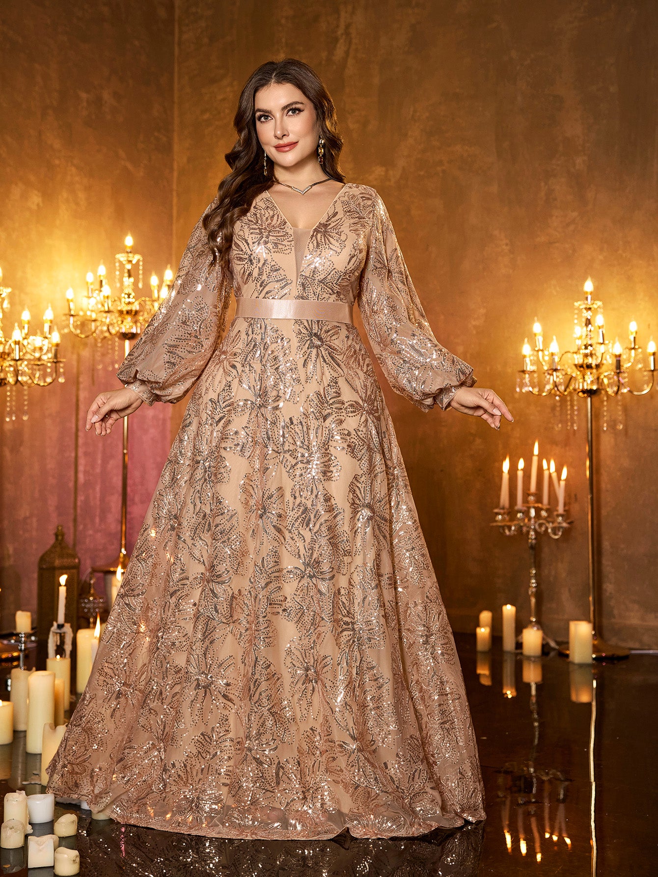 Champagne‑Gold Floral Sequin V‑Neck Lantern Long‑Sleeve Plus‑Size A‑Line Evening Gown