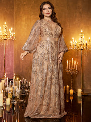 Champagne‑Gold Floral Sequin V‑Neck Lantern Long‑Sleeve Plus‑Size A‑Line Evening Gown