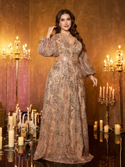 Champagne‑Gold Floral Sequin V‑Neck Lantern Long‑Sleeve Plus‑Size A‑Line Evening Gown