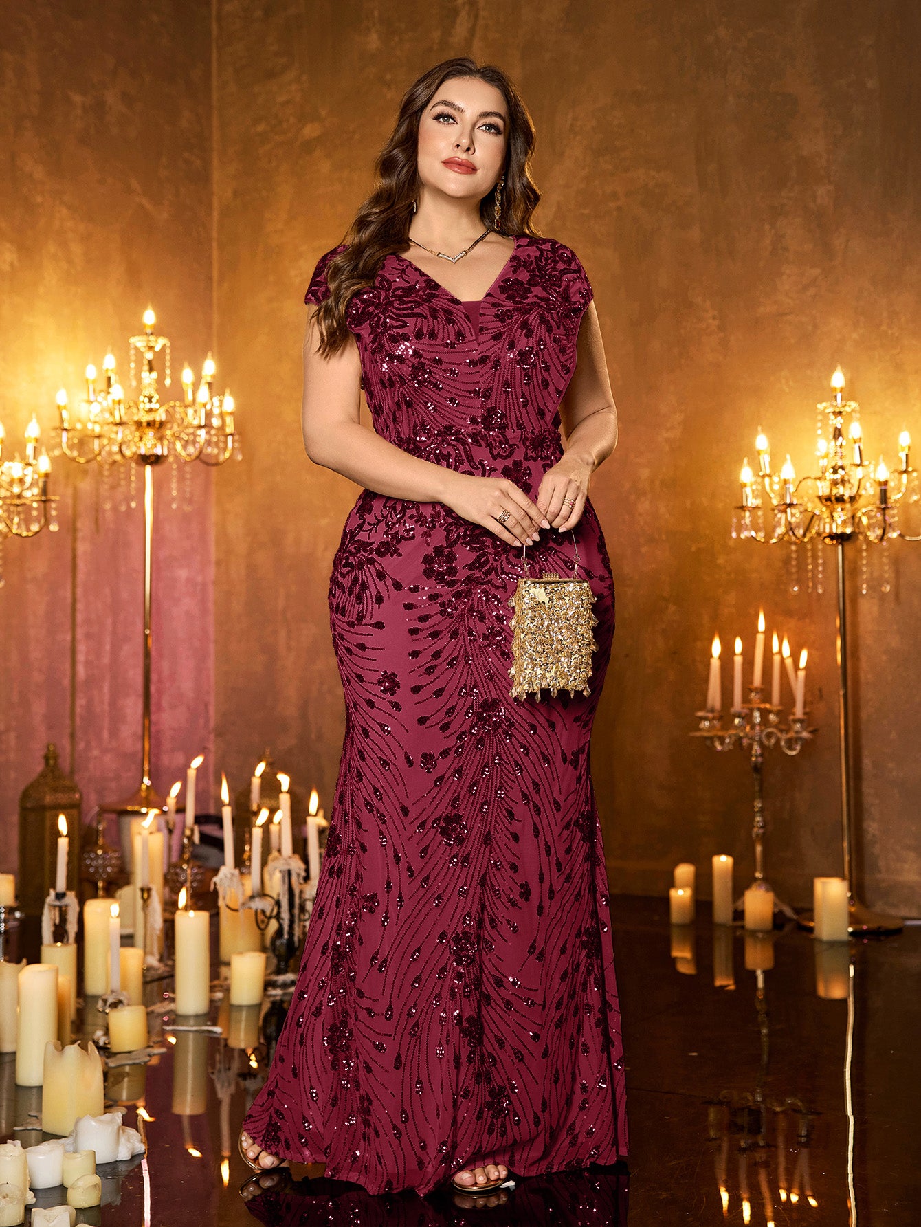 Champagne Gold Floral Sequin Sleeveless V‑Neck Plus‑Size Mermaid Evening Gown