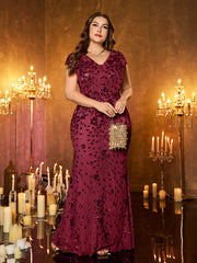 Champagne Gold Floral Sequin Sleeveless V‑Neck Plus‑Size Mermaid Evening Gown